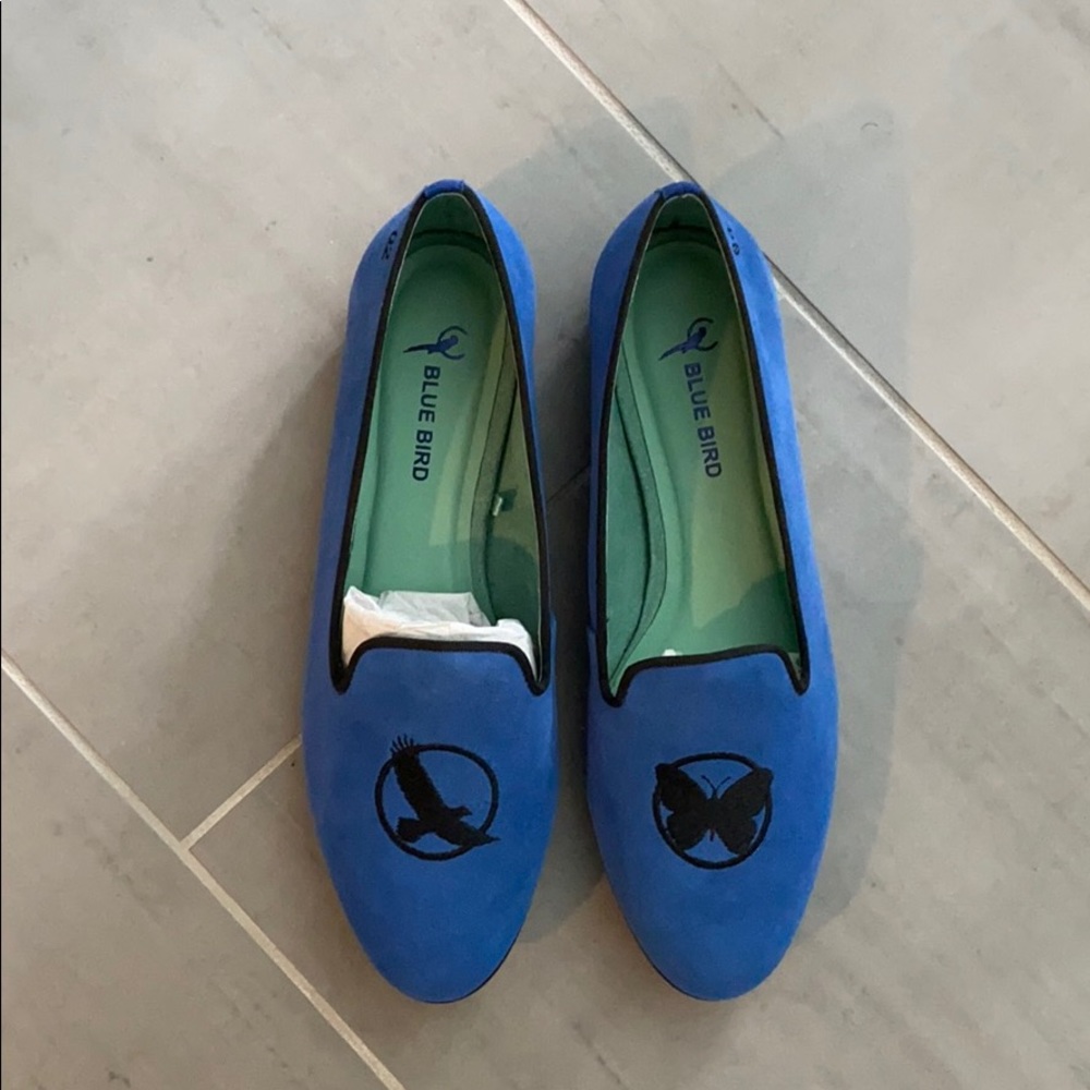 Blue bird suede loafers